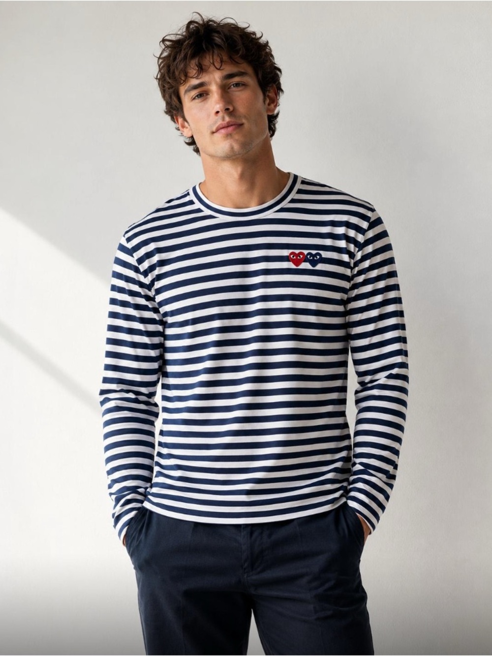 NWT Comme des Garçons Play Double Heart Striped Long SleeveTee Navy White Size L